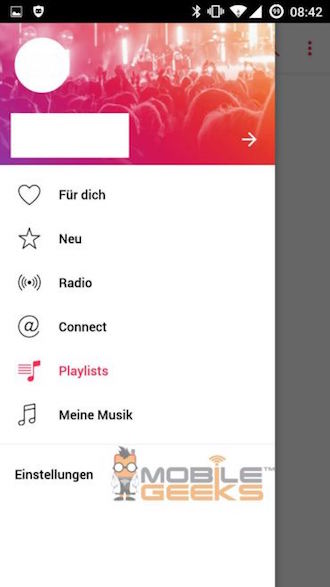 Apple Music for Android Menu