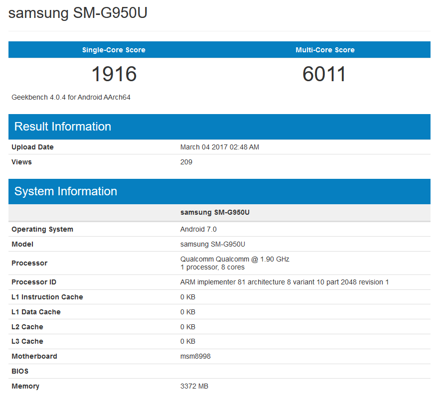 Galaxy S8 Geekbench Galaxy S8 Geekbench