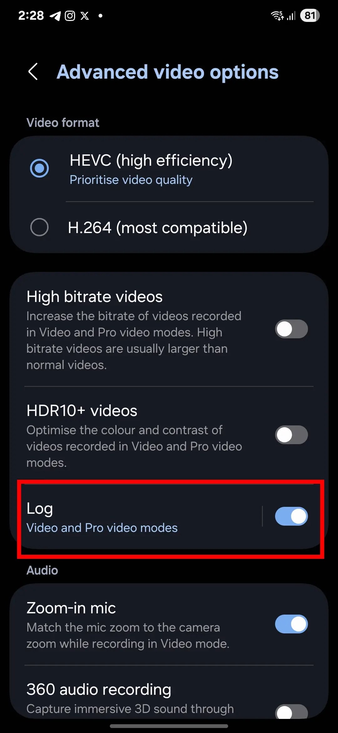 Galaxy S23 Ultra S24 Ultra nataceni ve formatu Log 2