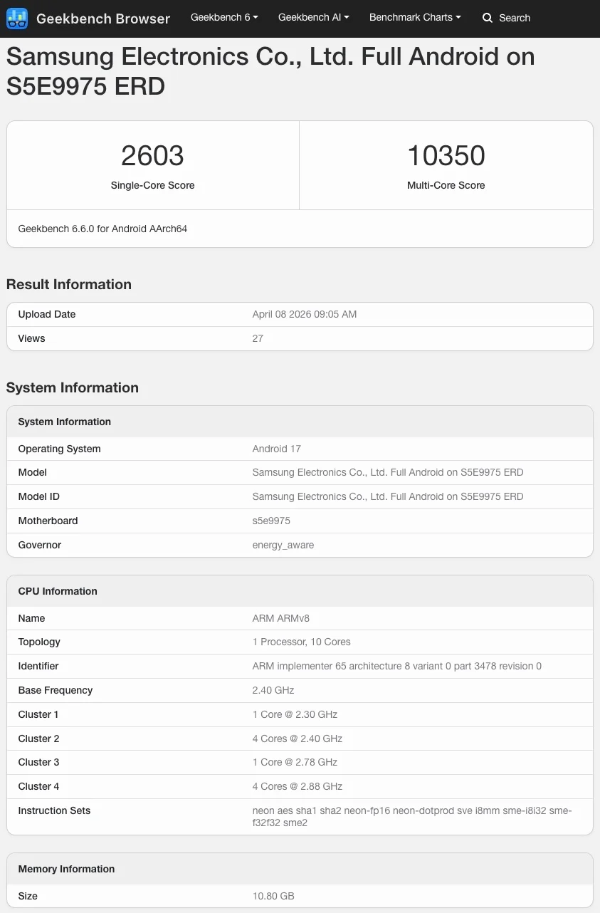 Samsung Exynos 2700 Processor Chip Geekbench CPU Performance Score Leak