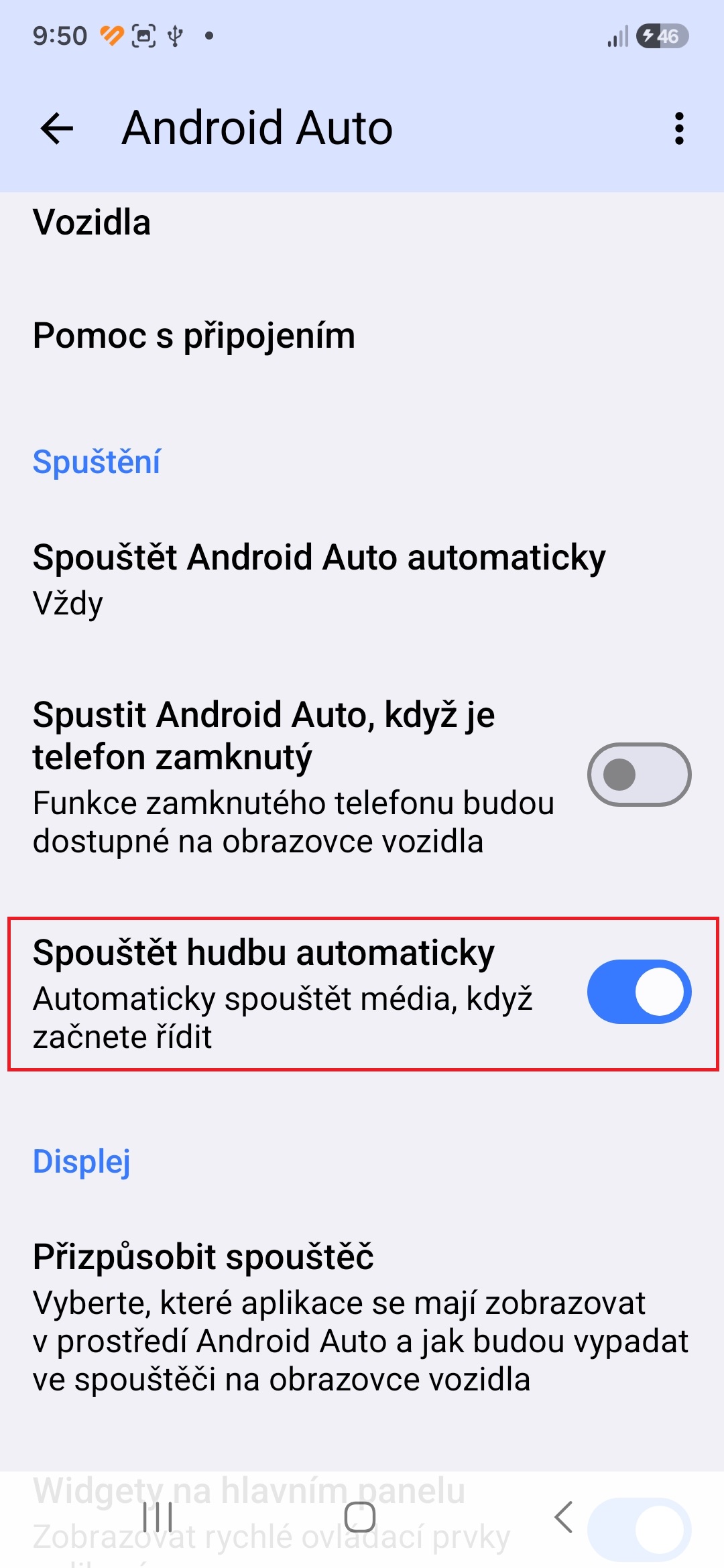 Android Auto zmena nastaveni pro neodvadeni pozornosti od rizeni 6